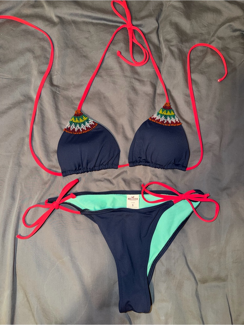Hollister Navy Bikini with Pink Ties and Mint Lining